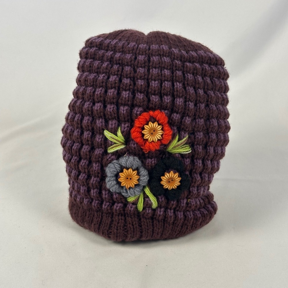 Knit Beanie Women OS Purple Floral Embroidered Button Chunky Hat